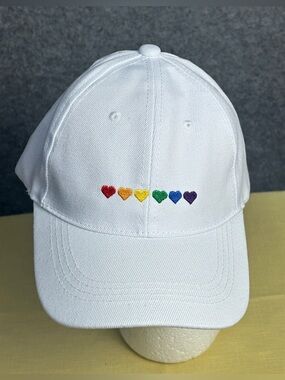 Season of Love White Baseball Cap with Rainbow Heart Embroidery Adjustable New